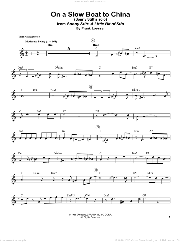 On A Slow Boat To China sheet music for tenor saxophone solo (transcription) by Sonny Stitt and Frank Loesser, intermediate tenor saxophone (transcription)