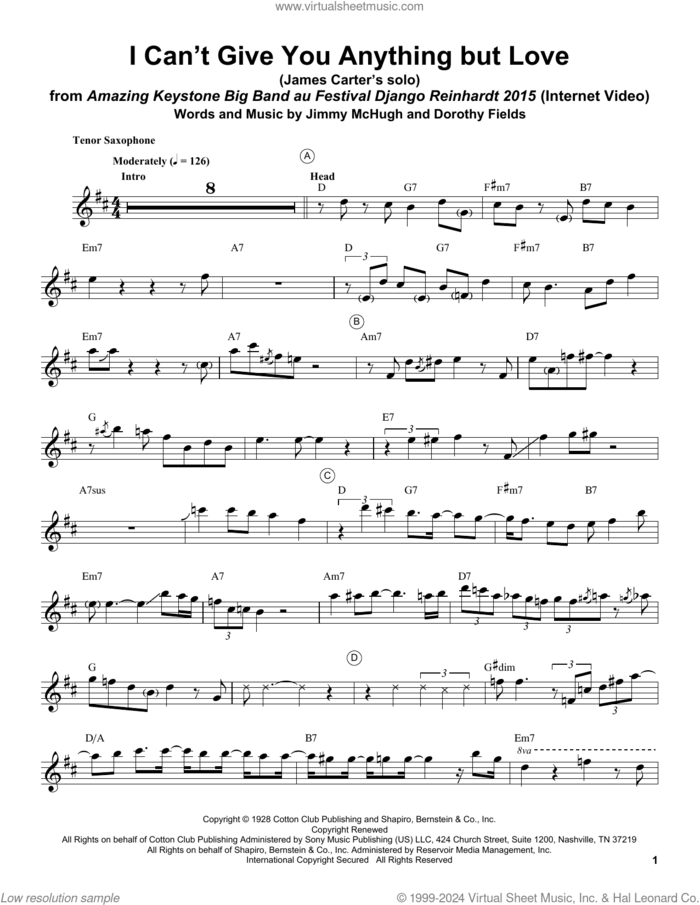 I Can't Give You Anything But Love sheet music for tenor saxophone solo (transcription) by James Carter, Dorothy Fields and Jimmy McHugh, intermediate tenor saxophone (transcription)