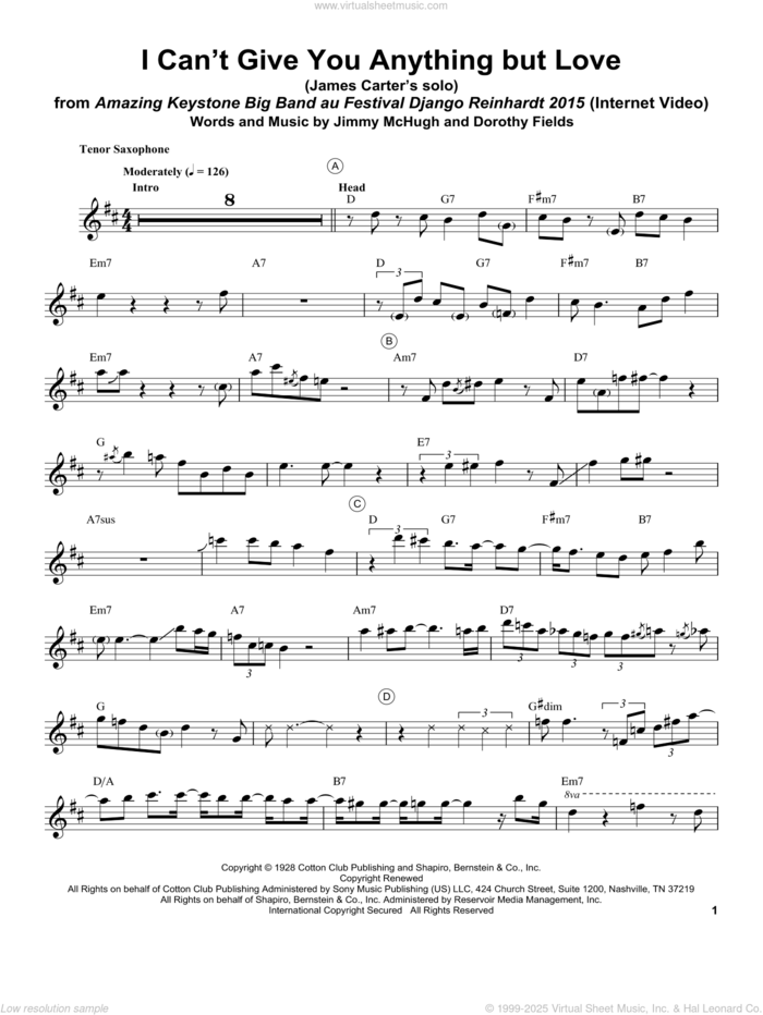 I Can't Give You Anything But Love sheet music for tenor saxophone solo (transcription) by James Carter, Dorothy Fields and Jimmy McHugh, intermediate tenor saxophone (transcription)