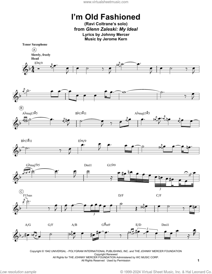 I'm Old Fashioned sheet music for tenor saxophone solo (transcription) by Ravi Coltrane, Jerome Kern and Johnny Mercer, intermediate tenor saxophone (transcription)