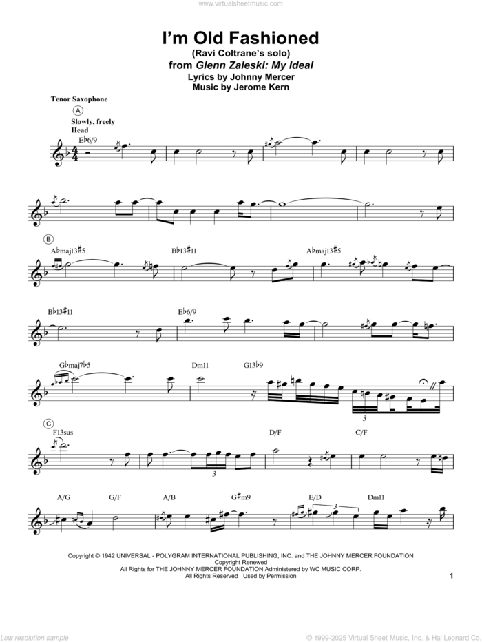 I'm Old Fashioned sheet music for tenor saxophone solo (transcription) by Ravi Coltrane, Jerome Kern and Johnny Mercer, intermediate tenor saxophone (transcription)