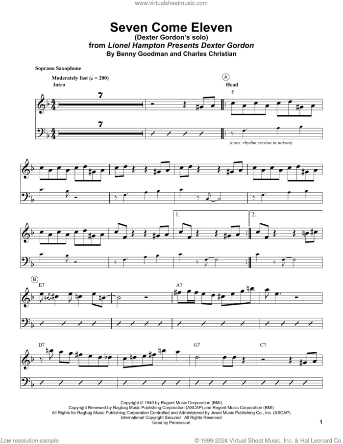 Seven Come Eleven sheet music for soprano saxophone solo (transcription) by Dexter Gordon, Benny Goodman and Charles Christian, intermediate soprano saxophone (transcription)