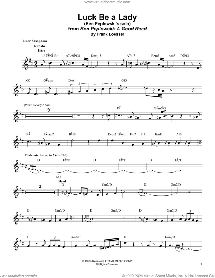 Luck Be A Lady sheet music for tenor saxophone solo (transcription) by Ken Peplowski and Frank Loesser, intermediate tenor saxophone (transcription)