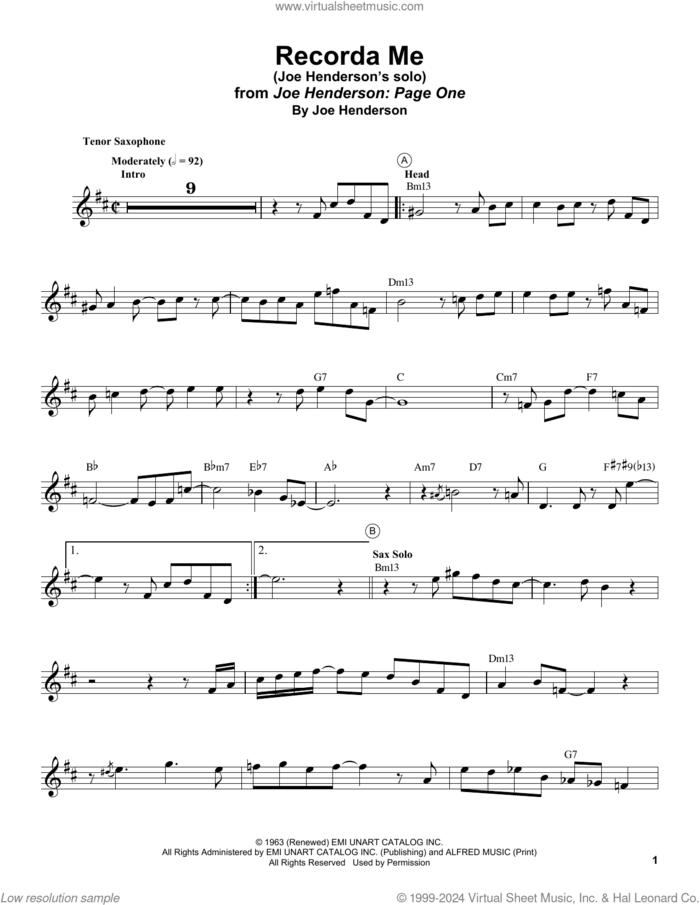 Recorda Me sheet music for tenor saxophone solo (transcription) by Joe Henderson, intermediate tenor saxophone (transcription)