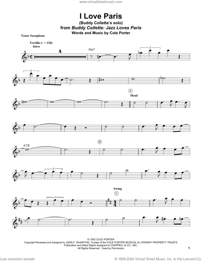 I Love Paris sheet music for tenor saxophone solo (transcription) by Buddy Collette and Cole Porter, intermediate tenor saxophone (transcription)