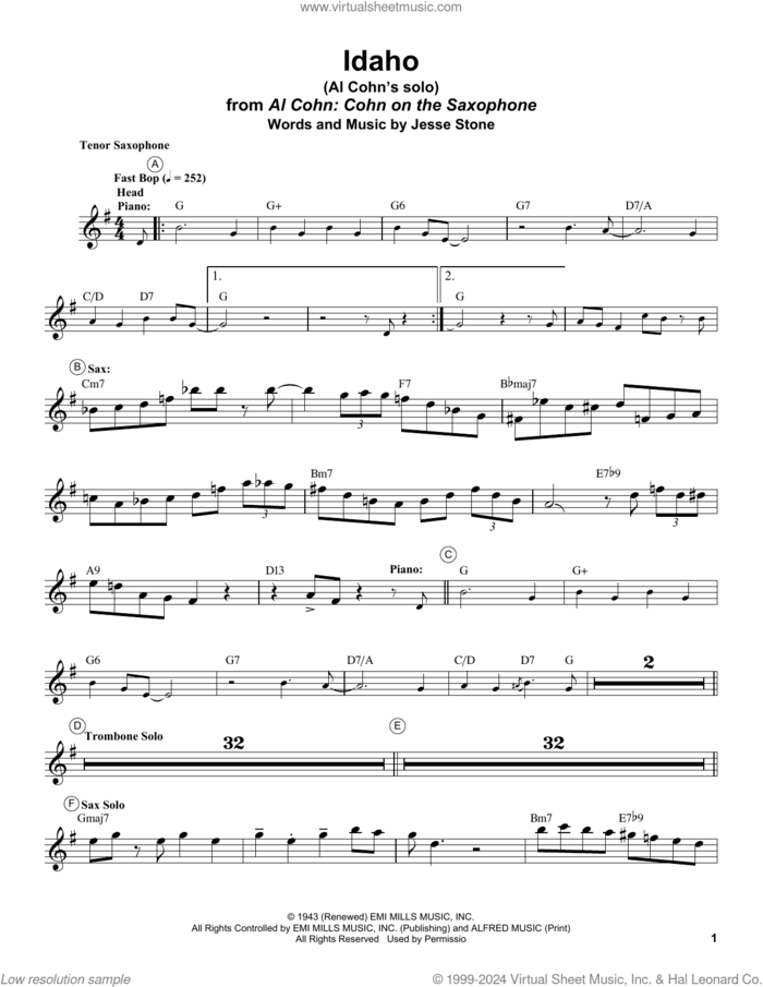 Idaho sheet music for tenor saxophone solo (transcription) by Al Cohn and Jesse Stone, intermediate tenor saxophone (transcription)
