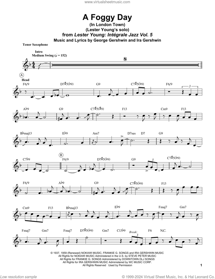 A Foggy Day (In London Town) sheet music for tenor saxophone solo (transcription) by Lester Young, George Gershwin and Ira Gershwin, intermediate tenor saxophone (transcription)