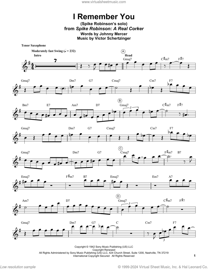 I Remember You sheet music for tenor saxophone solo (transcription) by Spike Robinson, Johnny Mercer and Victor Schertzinger, intermediate tenor saxophone (transcription)