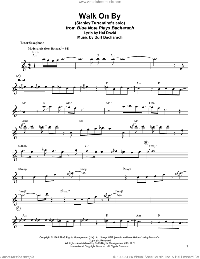 Walk On By sheet music for tenor saxophone solo (transcription) by Stanley Turrentine, Burt Bacharach and Hal David, intermediate tenor saxophone (transcription)