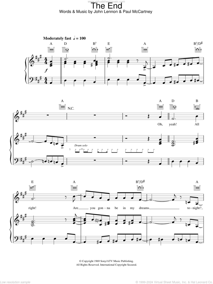 The End sheet music for voice, piano or guitar by The Beatles, John Lennon and Paul McCartney, intermediate skill level