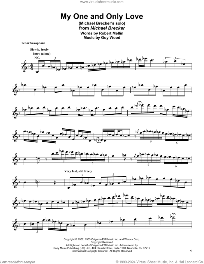 My One And Only Love sheet music for tenor saxophone solo (transcription) by Michael Brecker, Guy Wood and Robert Mellin, intermediate tenor saxophone (transcription)