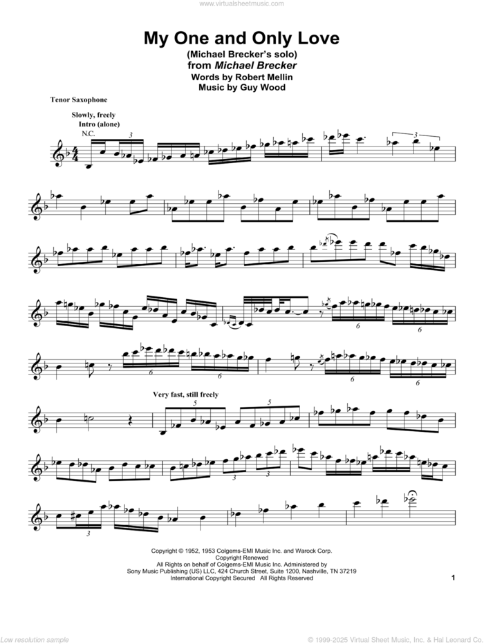 My One And Only Love sheet music for tenor saxophone solo (transcription) by Michael Brecker, Guy Wood and Robert Mellin, intermediate tenor saxophone (transcription)