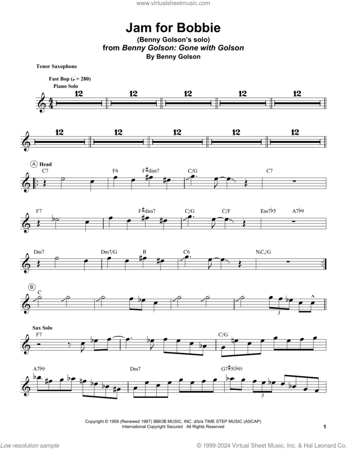 Jam For Bobbie sheet music for tenor saxophone solo (transcription) by Benny Golson, intermediate tenor saxophone (transcription)
