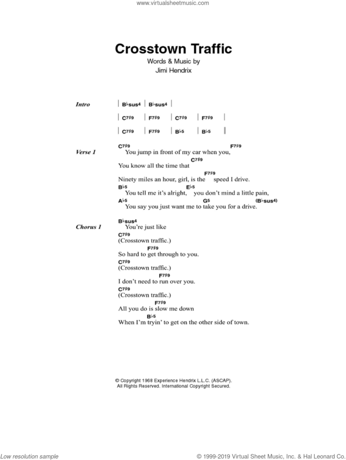 Crosstown Traffic sheet music for guitar (chords) by Jimi Hendrix, intermediate skill level