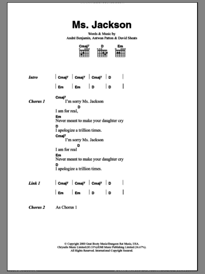 Ms. Jackson sheet music for guitar (chords) by OutKast, Andre Benjamin, Antwan Patton and David Sheats, intermediate skill level