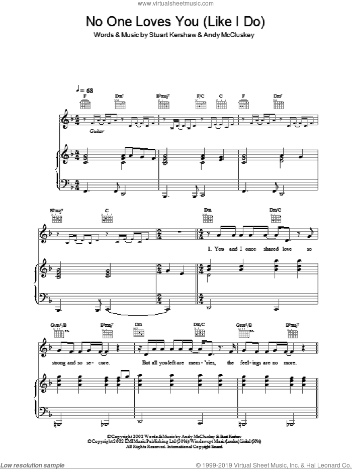 No One Loves You (Like I Love You) sheet music for voice, piano or guitar by Atomic Kitten, Andy McCluskey and Stuart Kershaw, intermediate skill level