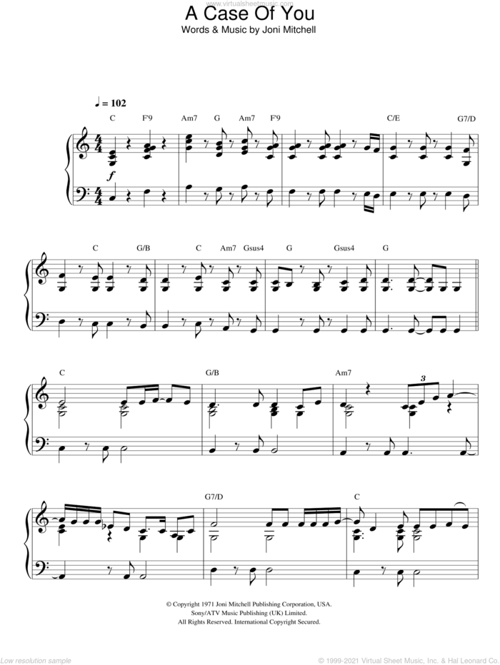 A Case Of You, (intermediate) sheet music for piano solo by Joni Mitchell, intermediate skill level