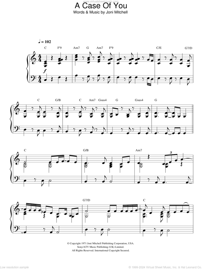 A Case Of You, (intermediate) sheet music for piano solo by Joni Mitchell, intermediate skill level