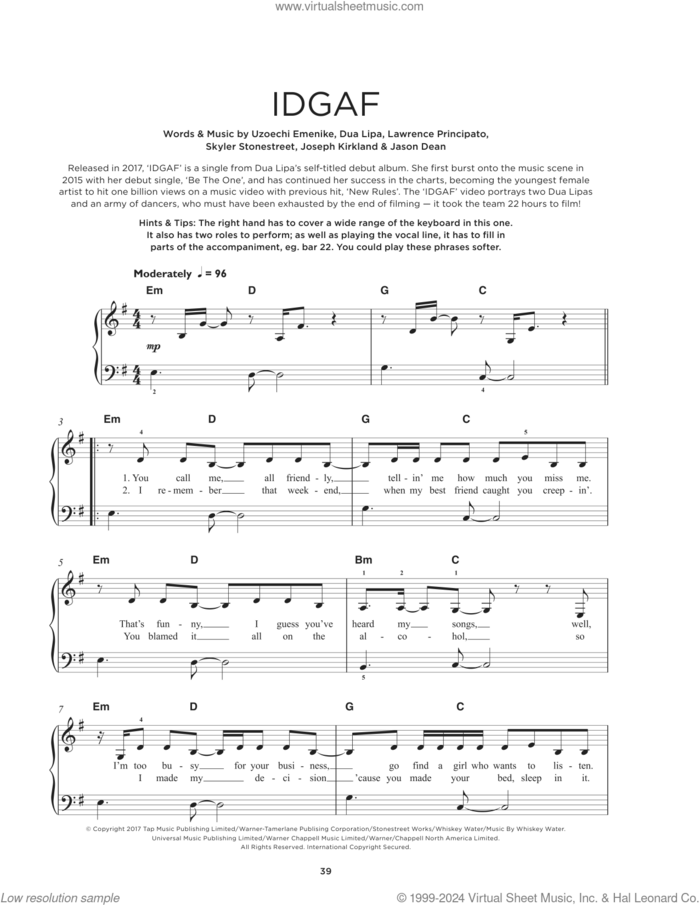 IDGAF, (beginner) sheet music for piano solo by Dua Lipa, Jason Dean, Joseph Kirkland, Lawrence Principato, Skyler Stonestreet and Uzoechi Emenike, beginner skill level