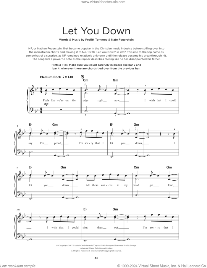 Let You Down sheet music for piano solo by NF, Nate Feuerstein and Tommee Profitt, beginner skill level