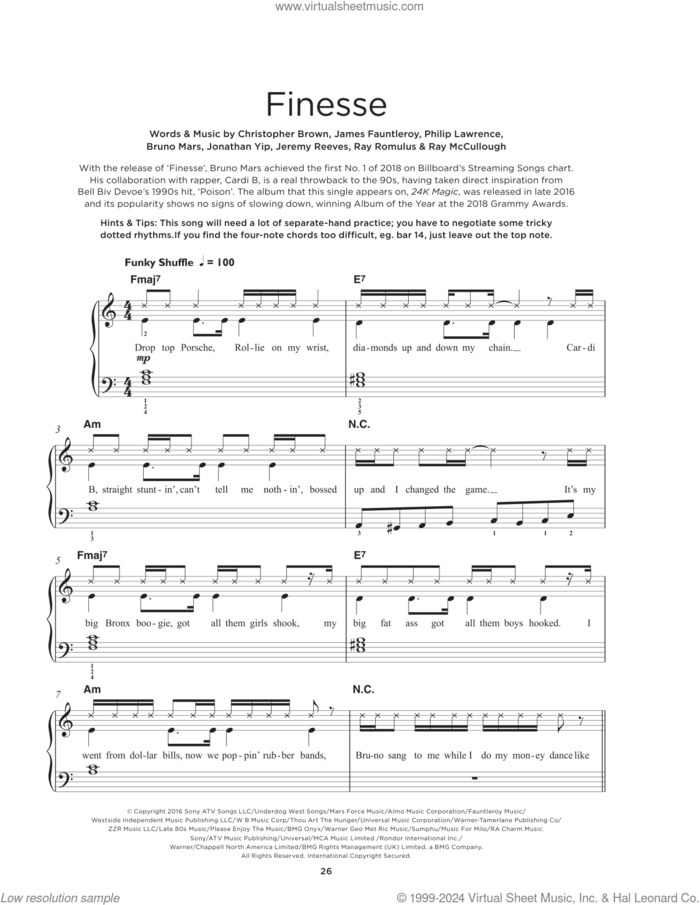 Finesse sheet music for piano solo by Bruno Mars, Christopher Brody Brown, James Fauntleroy, Jeremy Reeves, Jonathan Yip, Philip Lawrence, Ray Charles McCullough II and Ray Romulus, beginner skill level