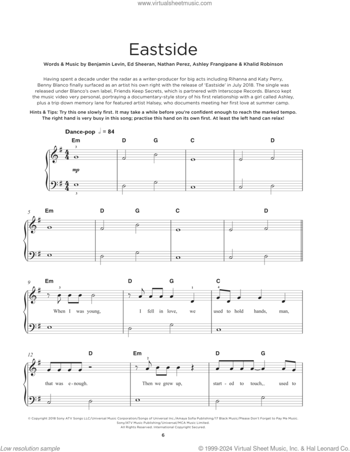 Eastside, (beginner) sheet music for piano solo by benny blanco, Halsey & Khalid, Ashley Frangipane, Benjamin Levin, Ed Sheeran, Khalid Robinson and Nathan Perez, beginner skill level