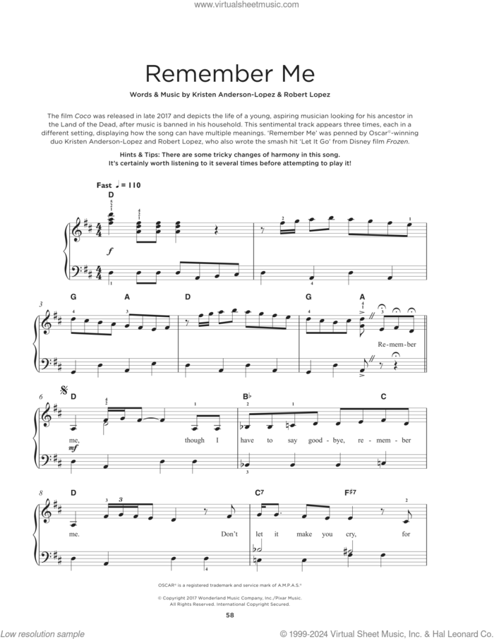 Remember Me (Ernesto de la Cruz) (from Coco), (beginner) (Ernesto de la Cruz) sheet music for piano solo by Kristen Anderson-Lopez & Robert Lopez, Kristen Anderson-Lopez and Robert Lopez, beginner skill level