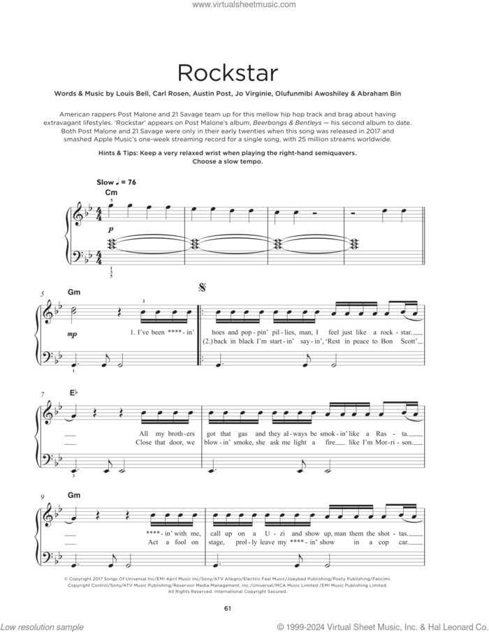 Rockstar (feat. 21 Savage) sheet music for piano solo by Post Malone, Austin Richard Post, Carl Austin Rosen, Jo-Vaughn Virginie, Louis Bell, Olufunmibi Awoshiley and Shayaa Joseph, beginner skill level