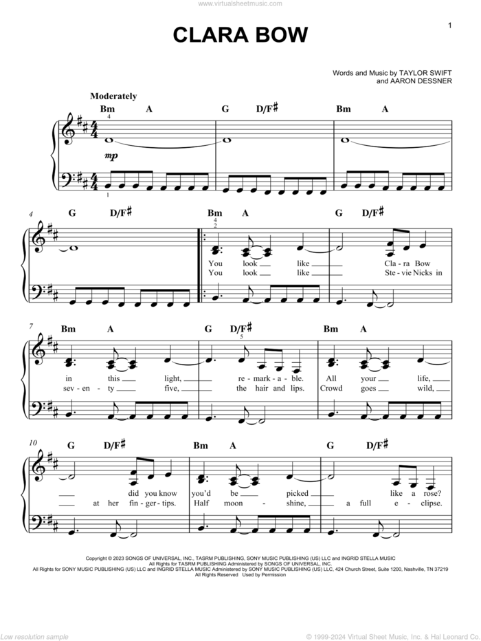 Clara Bow sheet music for piano solo by Taylor Swift and Aaron Dessner, easy skill level