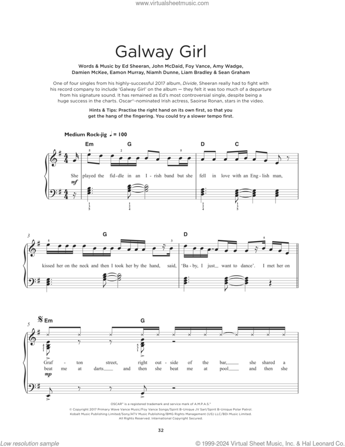 Galway Girl, (beginner) sheet music for piano solo by Ed Sheeran, Amy Wadge, Damian McKee, Eamon Murray, Foy Vance, John McDaid, Liam Bradley, Niamh Dunne and Sean Graham, beginner skill level