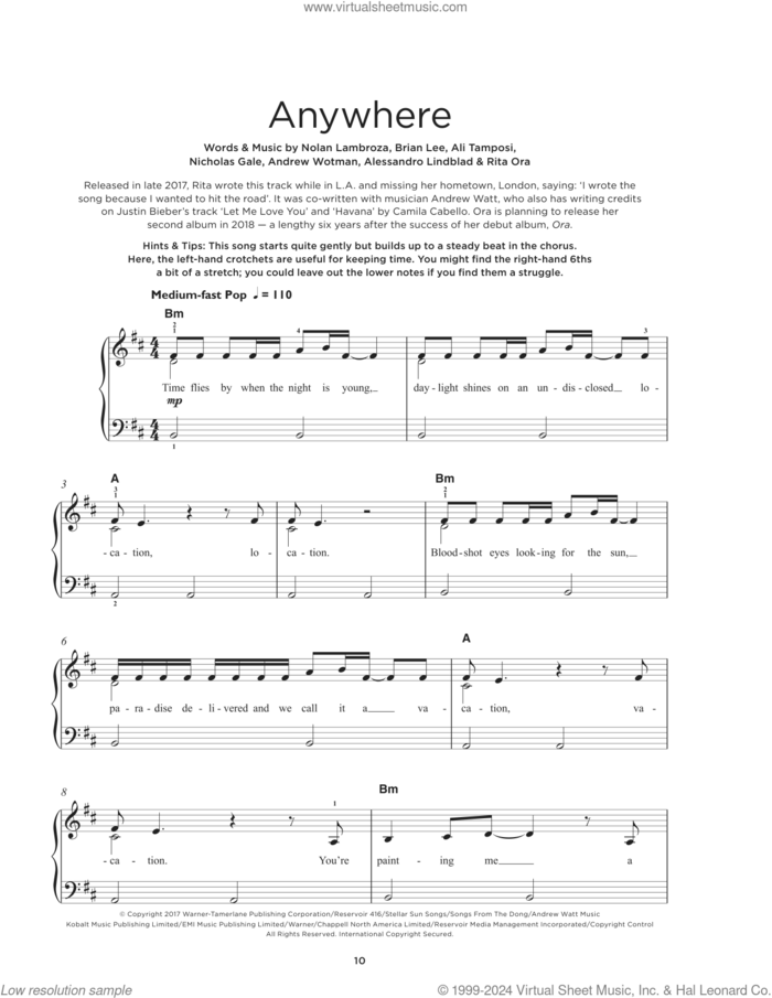 Anywhere sheet music for piano solo by Rita Ora, Alessandro Lindblad, Alexandra Tamposi, Andrew Wotman, Brian Lee, Nicholas Gale and Nolan Lambroza, beginner skill level