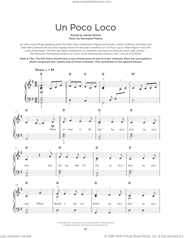 Un Poco Loco (from Coco) sheet music for piano solo by Germaine Franco & Adrian Molina, Adrian Molina and Germaine Franco, beginner skill level