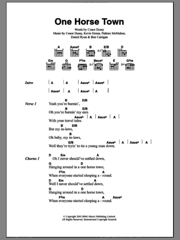 One Horse Town sheet music for guitar (chords) by The Thrills, Ben Carrigan, Conor Deasy, Daniel Ryan, Kevin Horan and Padraic McMahon, intermediate skill level