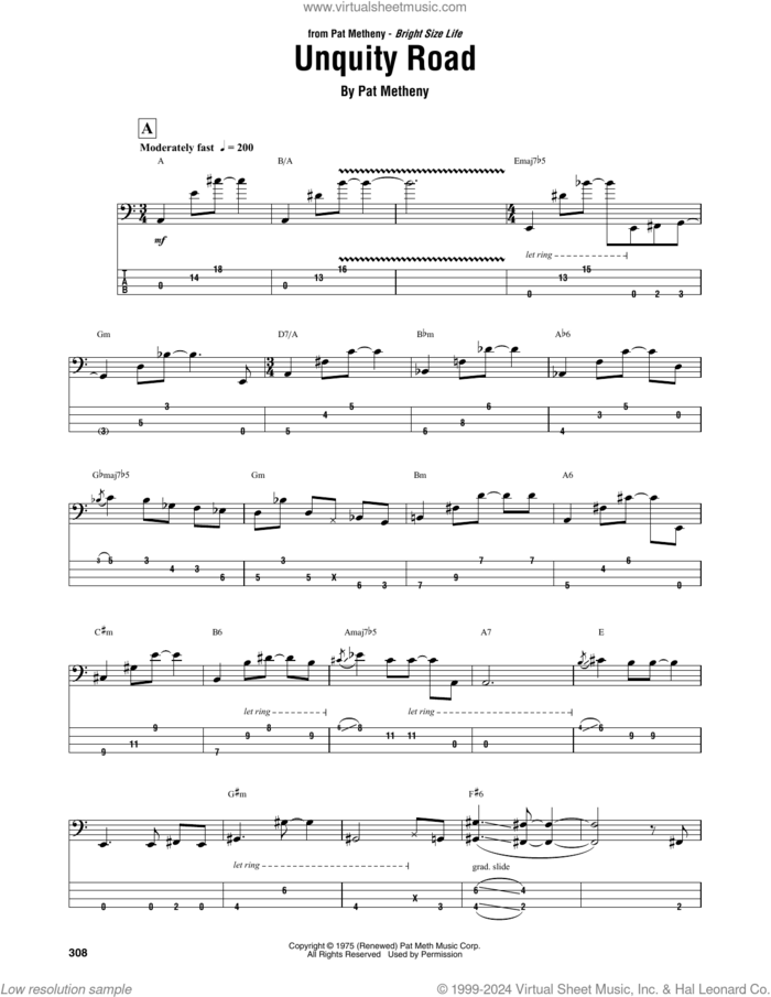 Unquity Road sheet music for bass (tablature) (bass guitar) by Jaco Pastorius and Pat Metheny, intermediate skill level