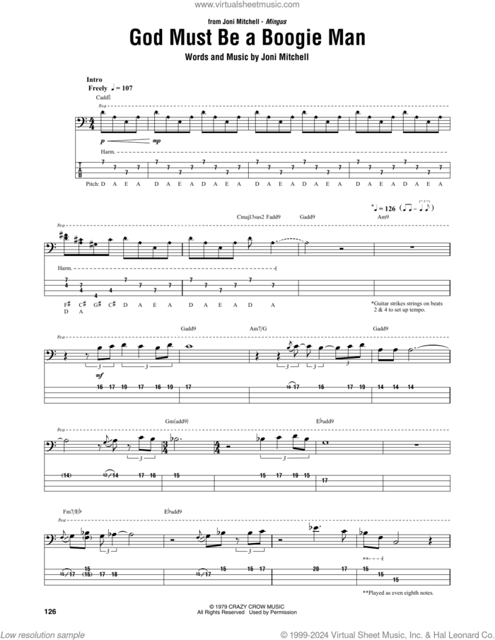 God Must Be A Boogie Man sheet music for bass (tablature) (bass guitar) by Jaco Pastorius and Joni Mitchell, intermediate skill level
