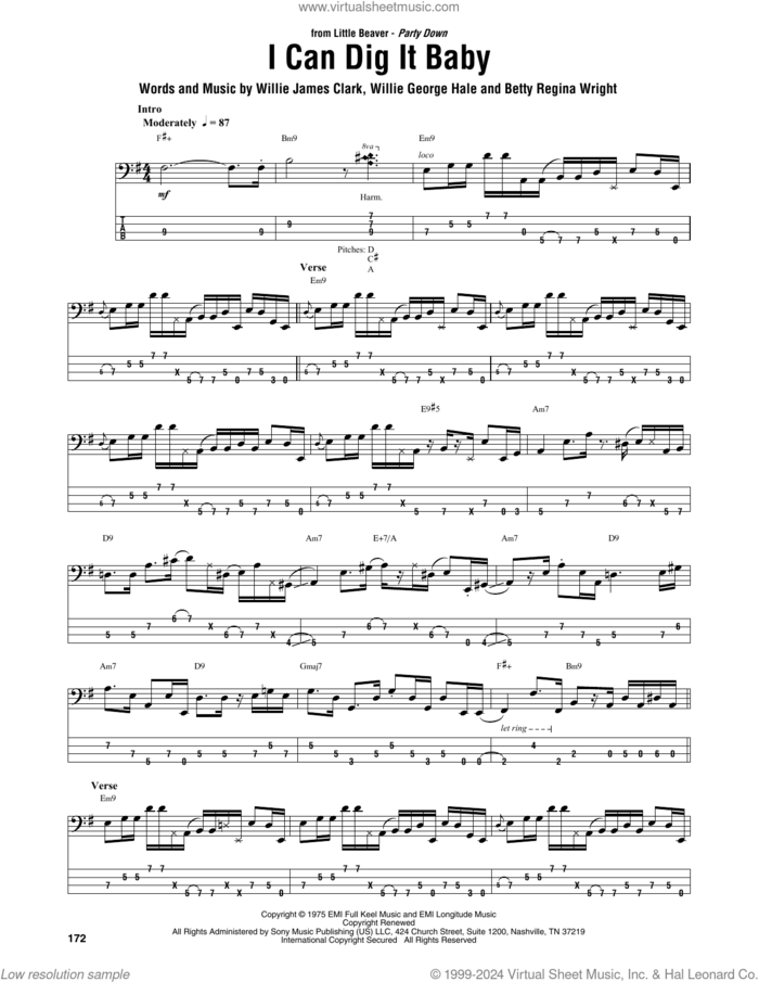 I Can Dig It Baby sheet music for bass (tablature) (bass guitar) by Jaco Pastorius, Betty Regina Wright, Willie George Hale and Willie James Clark, intermediate skill level