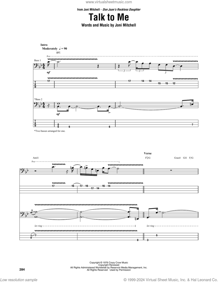 Talk To Me sheet music for bass (tablature) (bass guitar) by Jaco Pastorius and Joni Mitchell, intermediate skill level