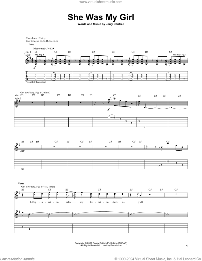She Was My Girl sheet music for guitar (tablature) by Jerry Cantrell, intermediate skill level