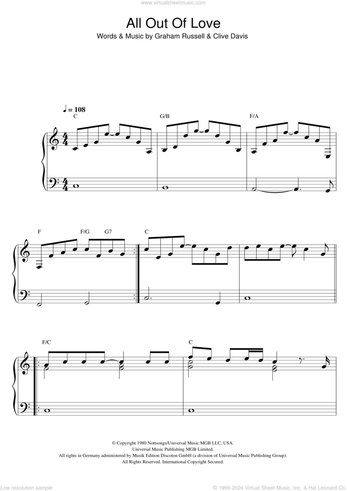 All Out Of Love, (intermediate) sheet music for piano solo by Air Supply, Clive Davis and Graham Russell, intermediate skill level