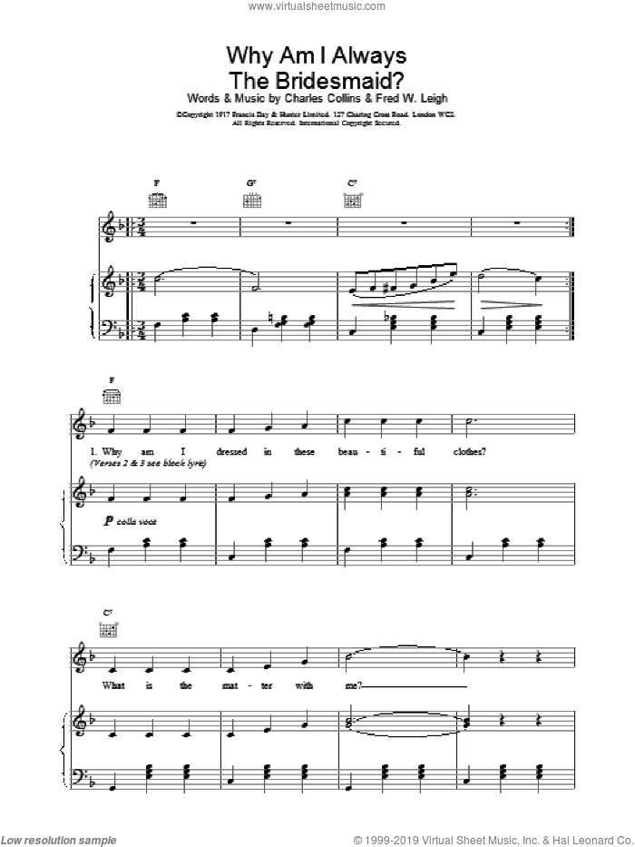 Why Am I Always The Bridesmaid? sheet music for voice, piano or guitar by Charles Collins, Miscellaneous and Fred W. Leigh, intermediate skill level