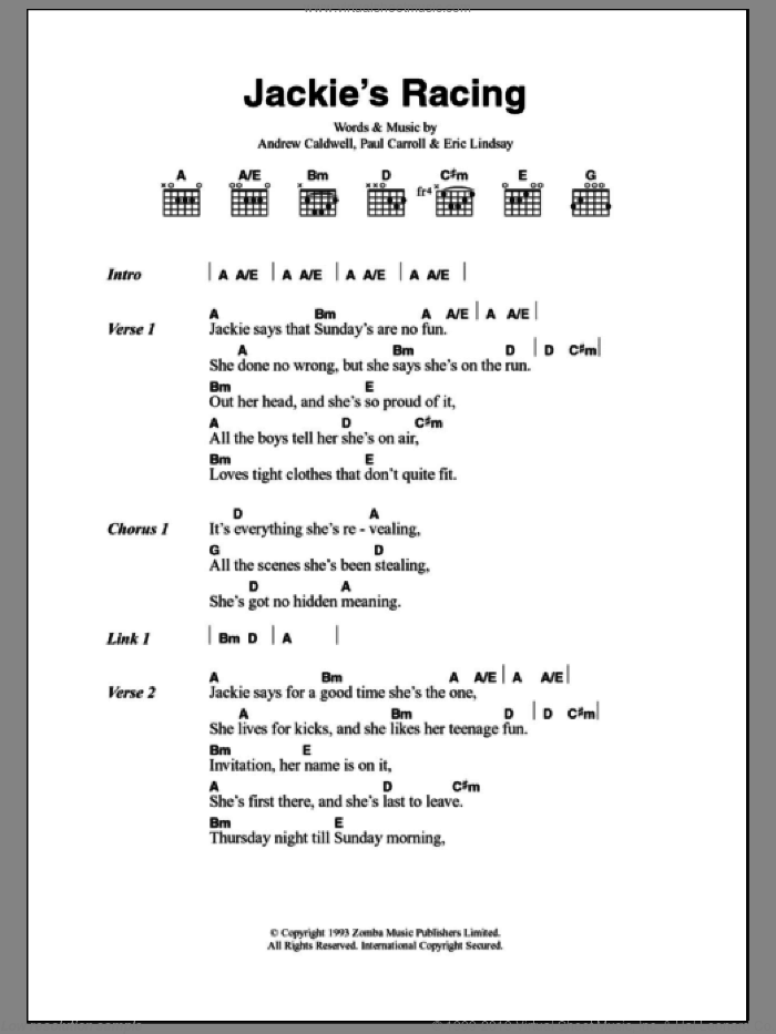 Jackie's Racing sheet music for guitar (chords) by Whiteout, Andrew Caldwell, Eric Lindsay and Paul Carroll, intermediate skill level