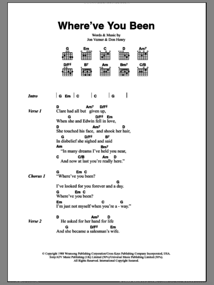 Where've You Been sheet music for guitar (chords) by Kathy Mattea, Don Henry and Jon Vezner, intermediate skill level