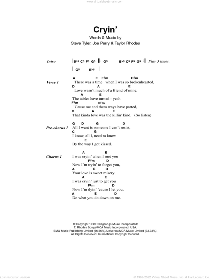Cryin' sheet music for guitar (chords) by Aerosmith, Joe Perry, Steven Tyler and Taylor Rhodes, intermediate skill level