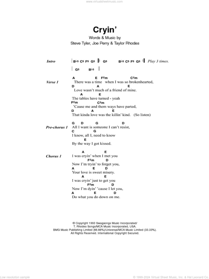 Cryin' sheet music for guitar (chords) by Aerosmith, Joe Perry, Steven Tyler and Taylor Rhodes, intermediate skill level