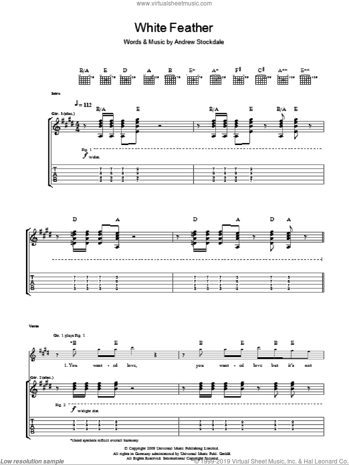 White Feather sheet music for guitar (tablature) by Wolfmother and Andrew Stockdale, intermediate skill level