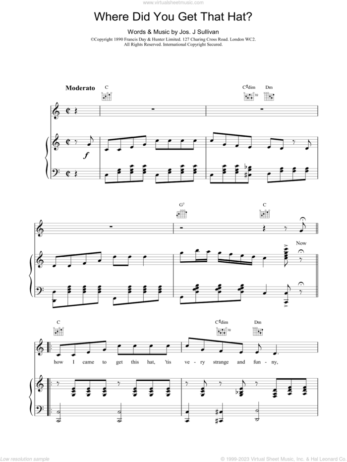 Where Did You Get That Hat? sheet music for voice, piano or guitar by Jos J Sullivan, intermediate skill level