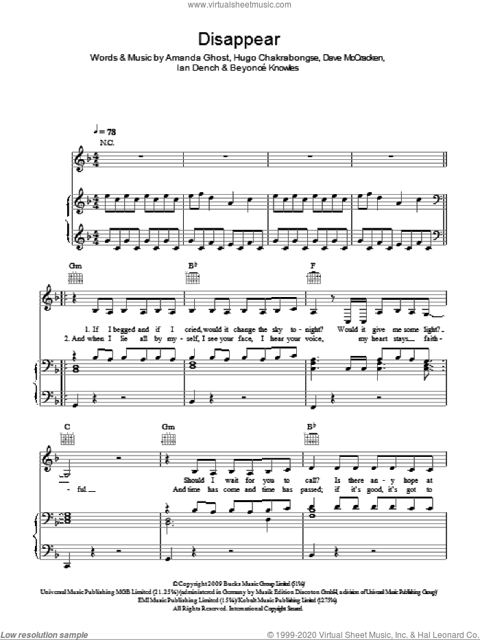Disappear sheet music for voice, piano or guitar by Beyonce, Amanda Ghost, Dave McCracken, Hugo Chakrabongse and Ian Dench, intermediate skill level