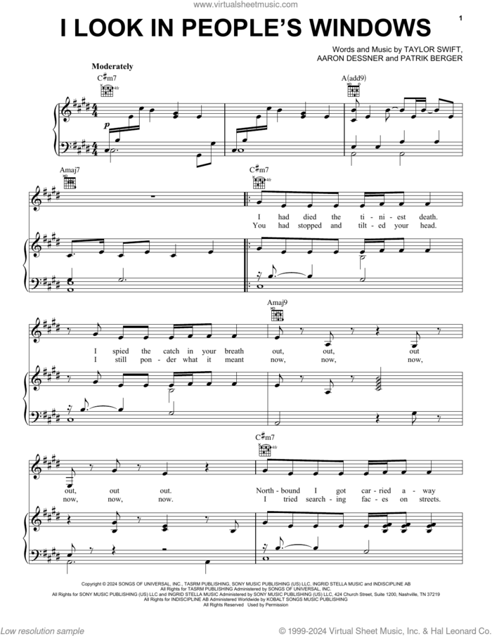 I Look in People's Windows sheet music for voice, piano or guitar by Taylor Swift, Jack Antonoff and Patrik Berger, intermediate skill level