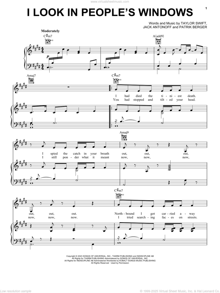 I Look in People's Windows sheet music for voice, piano or guitar by Taylor Swift, Jack Antonoff and Patrik Berger, intermediate skill level