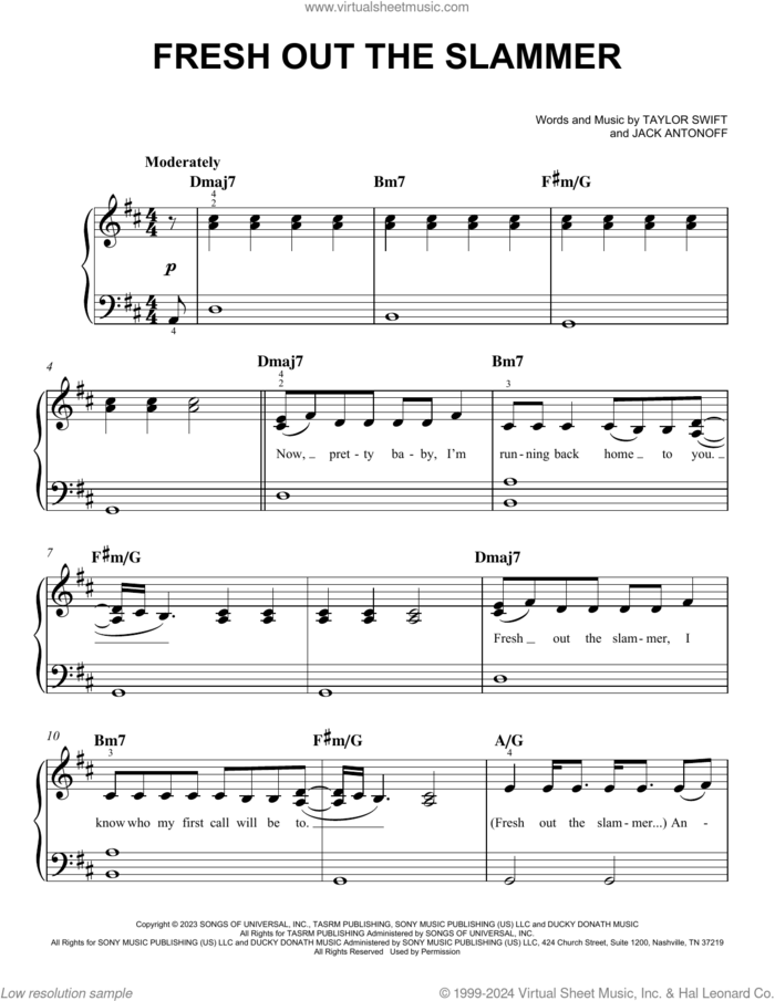 Fresh Out The Slammer sheet music for piano solo by Taylor Swift and Jack Antonoff, easy skill level